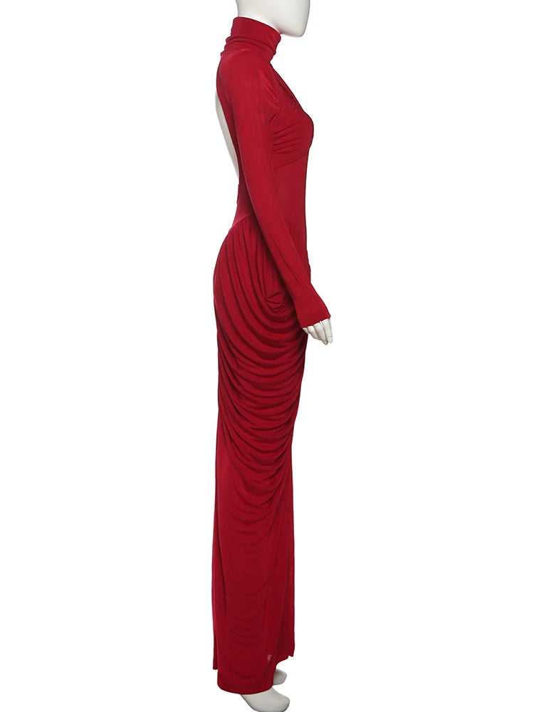 Maxi Dress Women Turtleneck Full Sleeve Backless