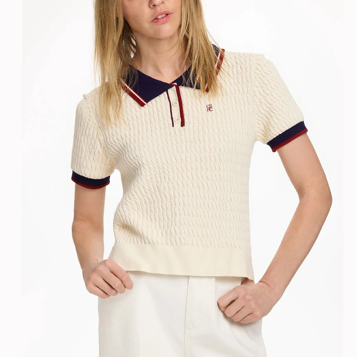 Embroidered Knit Polo Shirt Women Short Sleeve Cotton