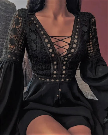 Women's Slim V Neck Chiffon Mini Dress with Ruffles