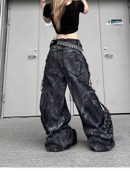 Vintage Distressed Wide Leg Cargo Jeans for Women