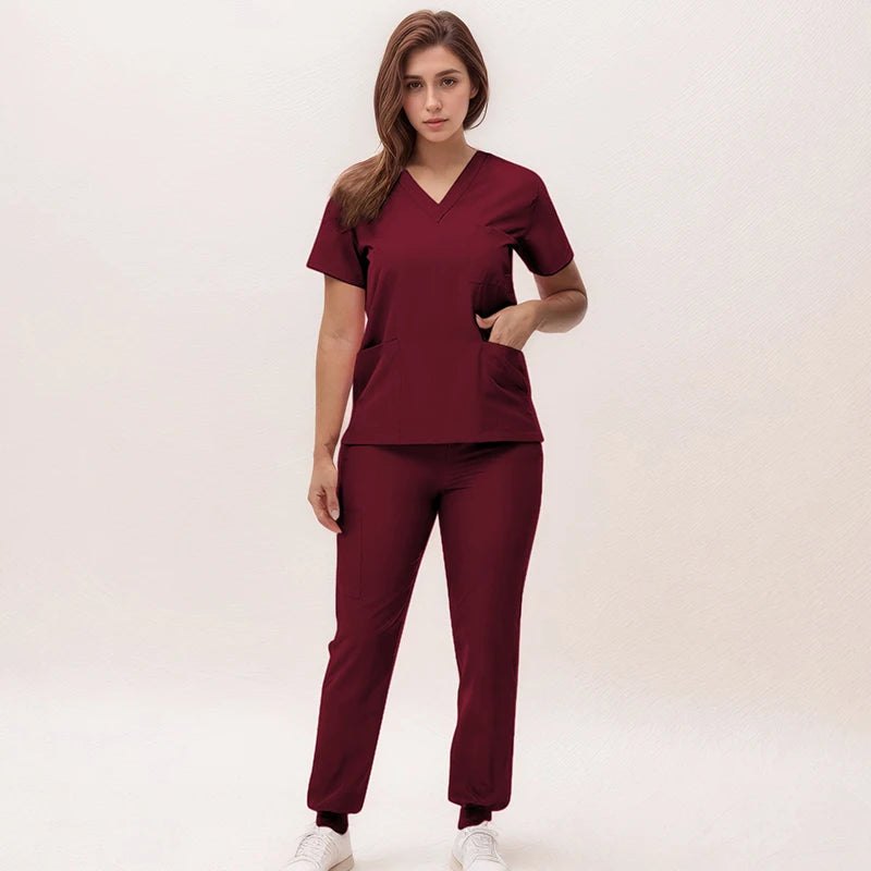 Stretchy V-Neck Nurse Scrub Set Jogger Pants