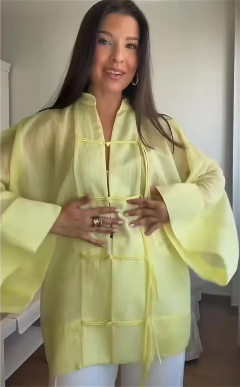 Women's Yellow Long Sleeve Shirt with Knot Decoration