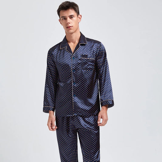 Silk Imitation Satin Pajamas for Men Long Sleeve Set