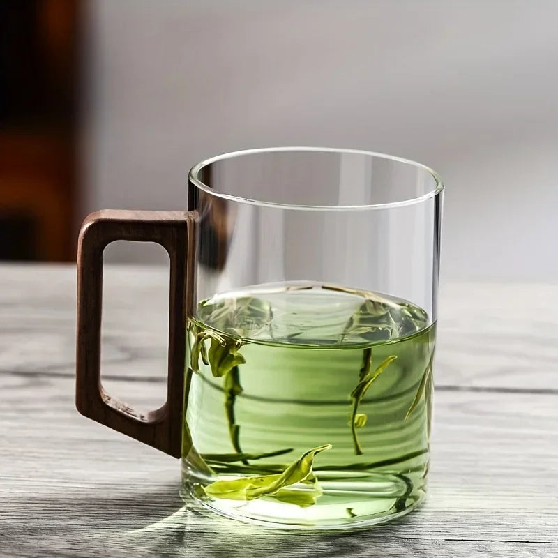 400ml Glass Cups with Walnut Handle for Tea
