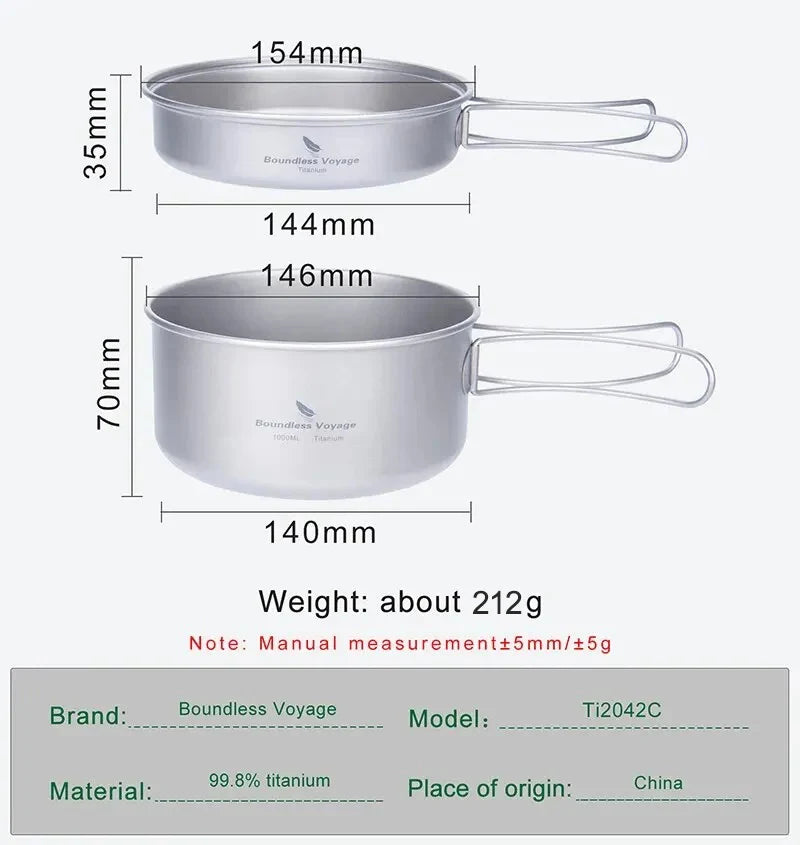 Titanium Pot Pan Set with Folding Handles for Camping
