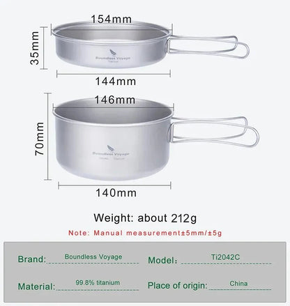 Titanium Pot Pan Set with Folding Handles for Camping