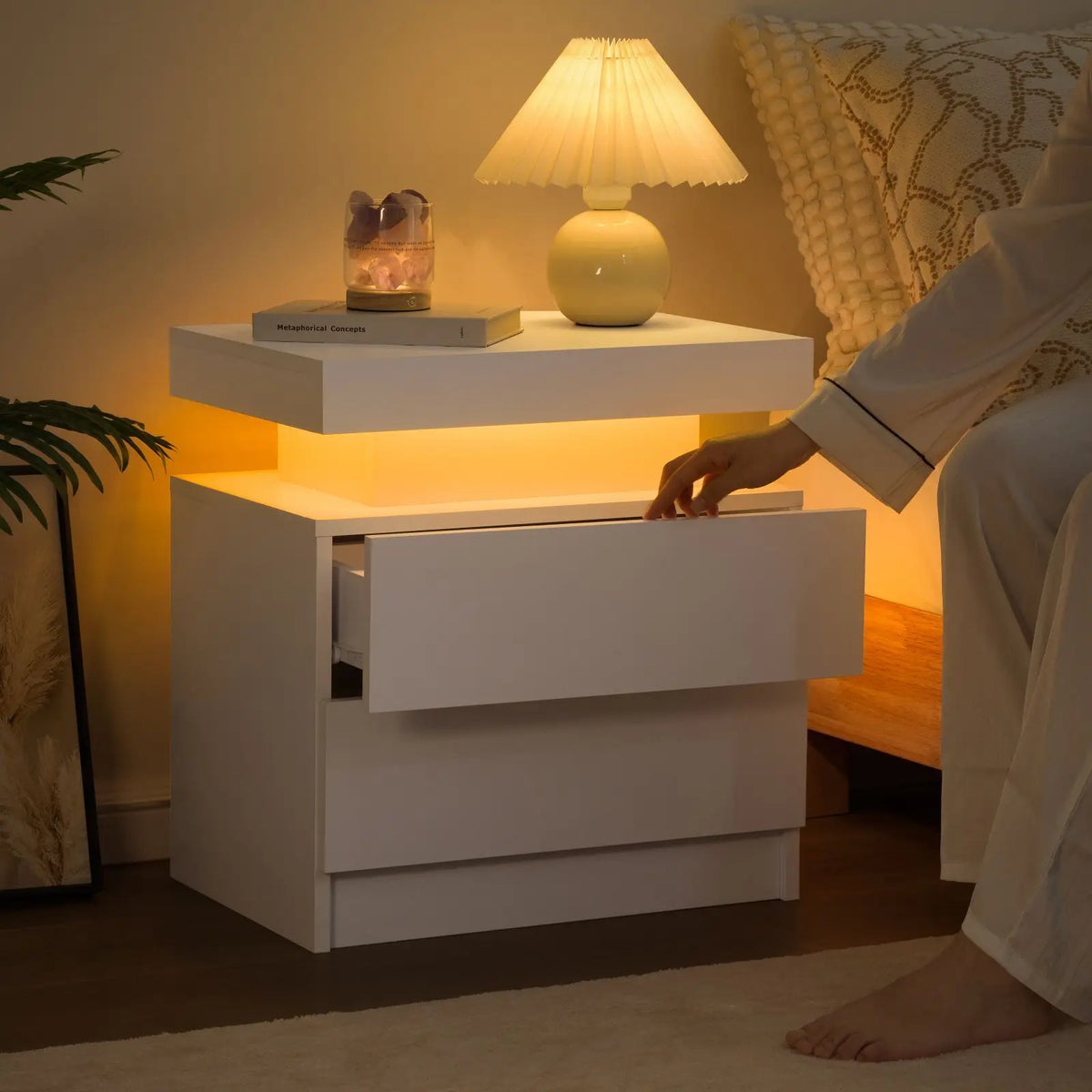 Cubehom White LED Nightstand with 2 Drawers