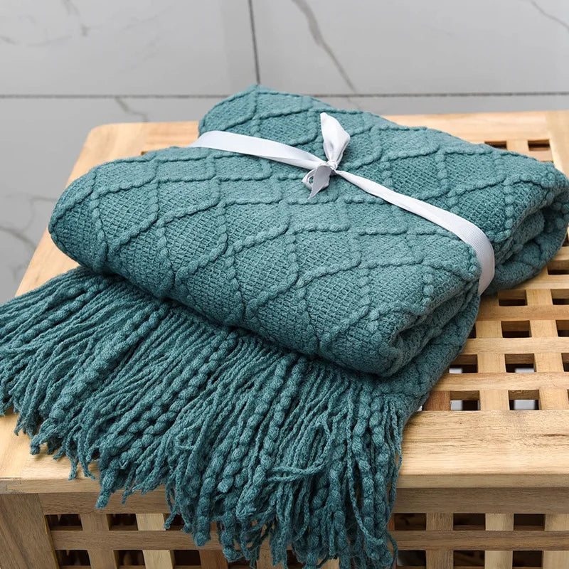 Khaki Knitted Acrylic Blanket with Tassels