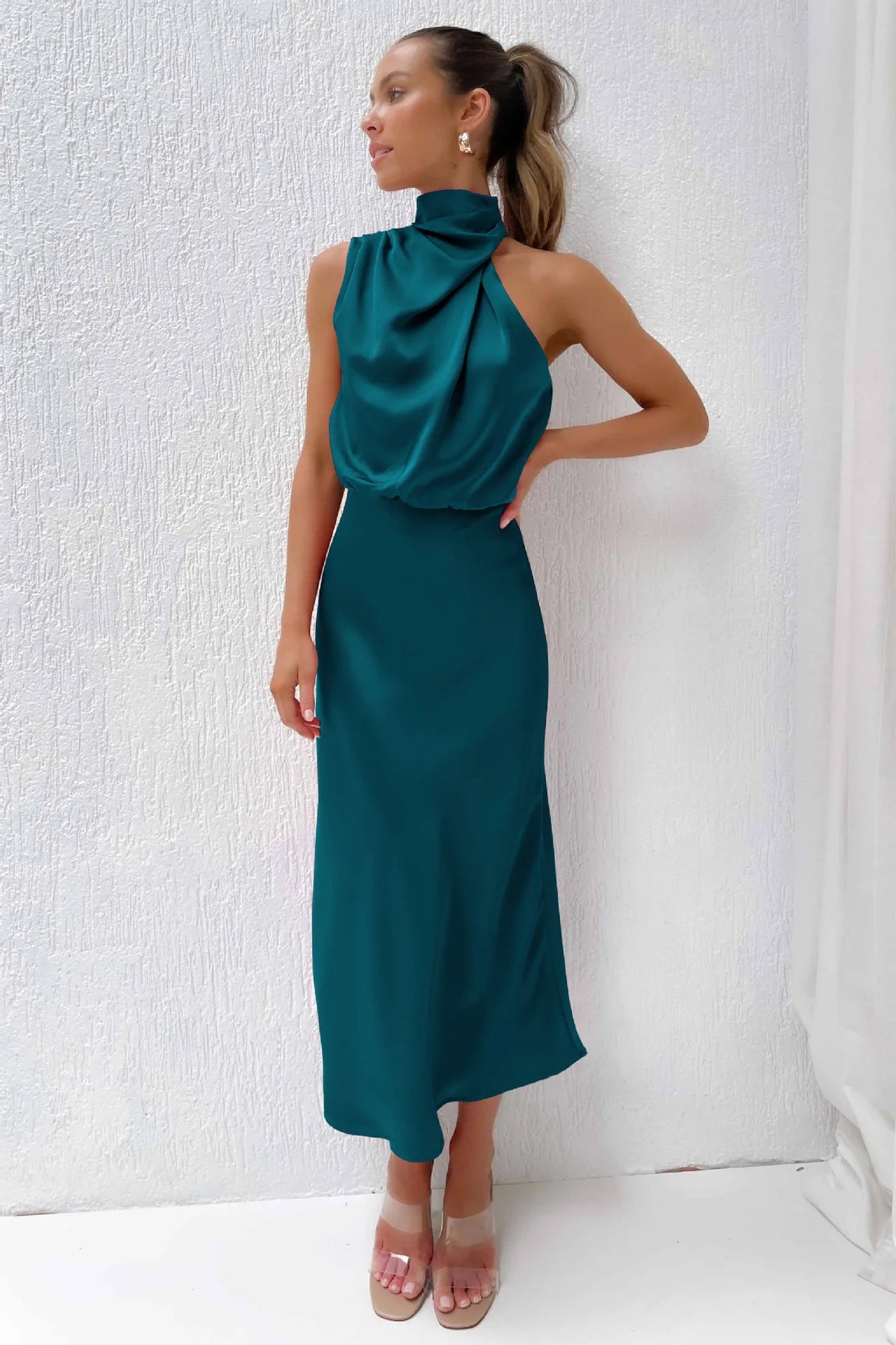 Elegant Silk Satin Sleeveless Long Dress for Women