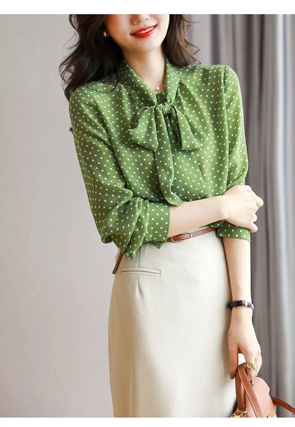 Shawl Collar Long Sleeve Blouse Women Polka Dot Cardigan