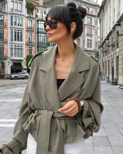 Lapel Lace Up Trench Coat Women Casual Long Sleeve