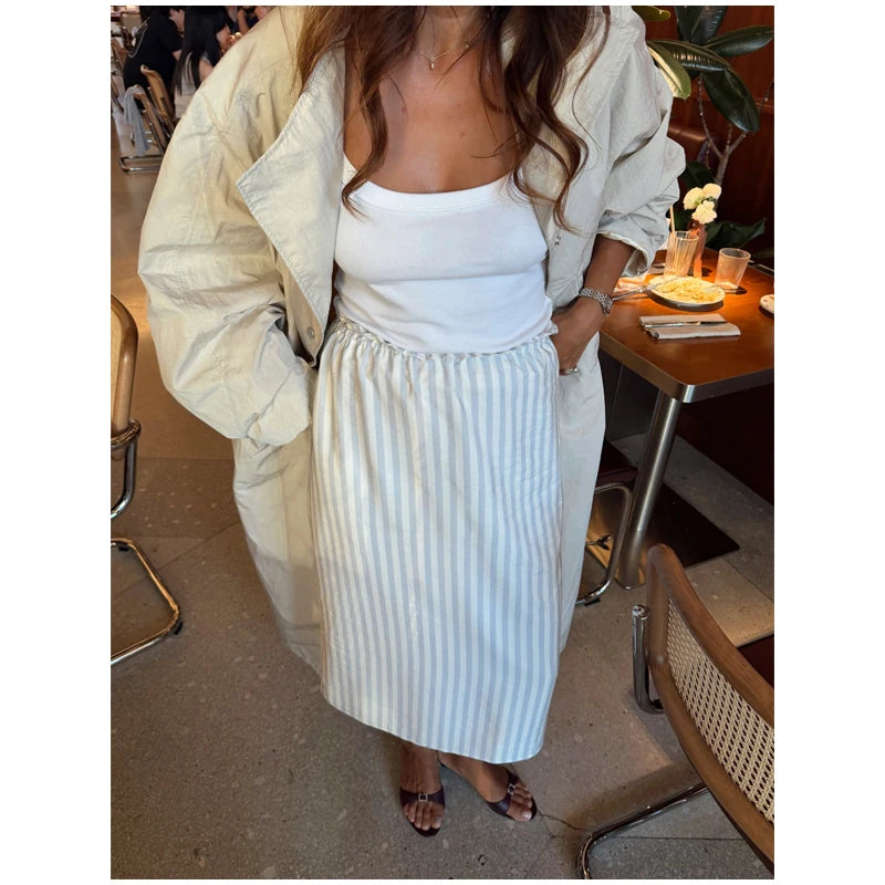 Khaki Long Color-block Stripe Trench Coat for Women