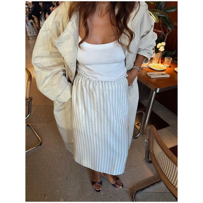 Khaki Long Color-block Stripe Trench Coat for Women