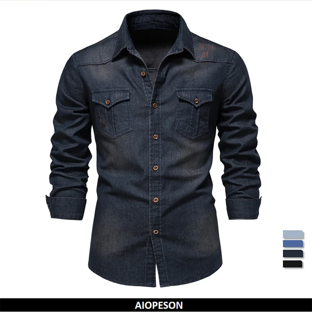 Elastic Cotton Denim Shirt Men Long Sleeve Casual