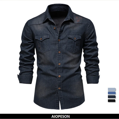 Elastic Cotton Denim Shirt Men Long Sleeve Casual