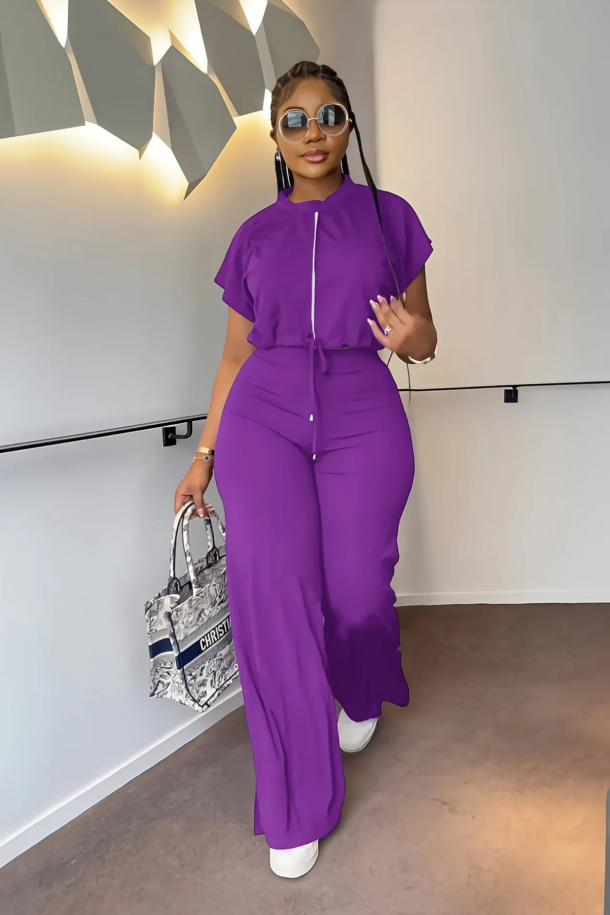Women Casual Short Sleeve Drawstring Top and High Waist Pants Set