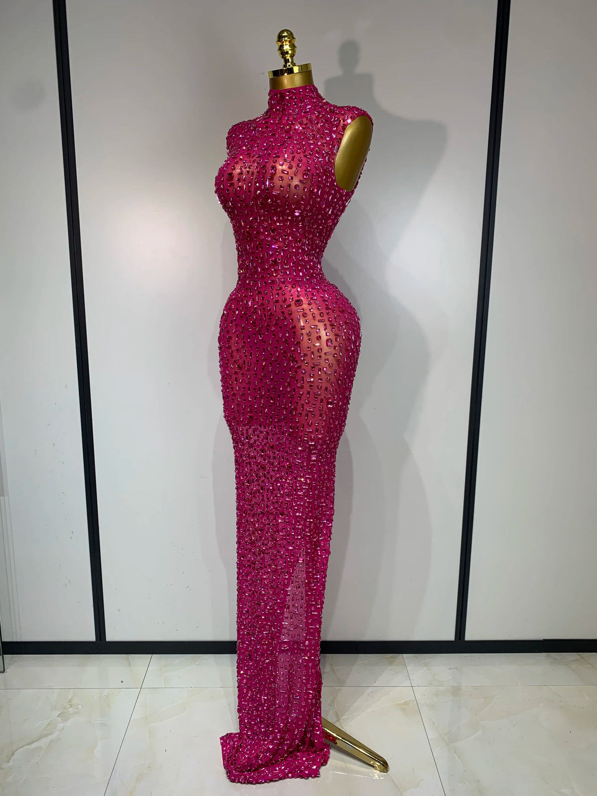 Gold Rhinestone Sleeveless Long Dress for Women