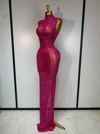 Gold Rhinestone Sleeveless Long Dress for Women
