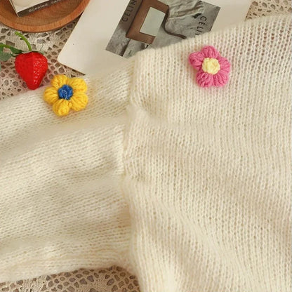 Applique Flower V-Neck Knit Cardigan for Women