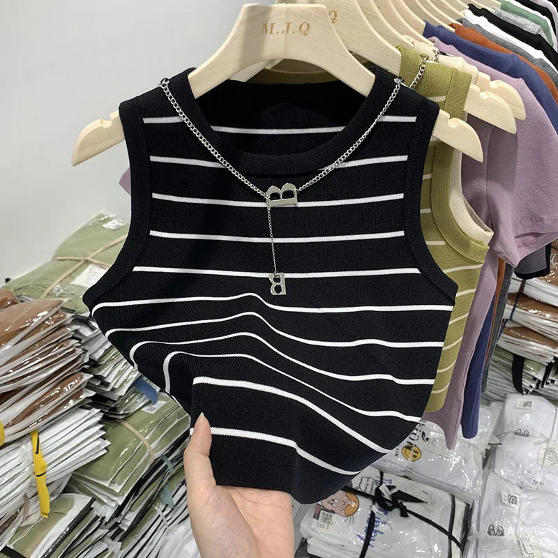 Striped Knit Sleeveless Waistcoat for Women
