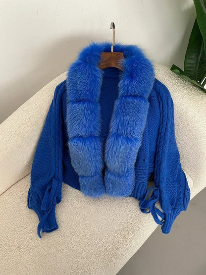Knitted Cardigan Coat for Women with Real Fox Fur