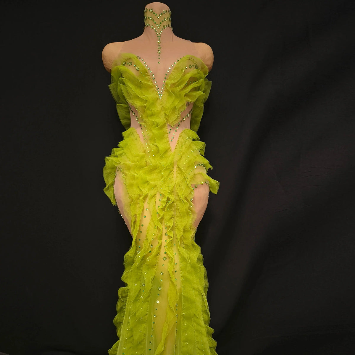 Elegant Green Rhinestones Mesh Maxi Dress