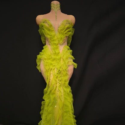 Elegant Green Rhinestones Mesh Maxi Dress