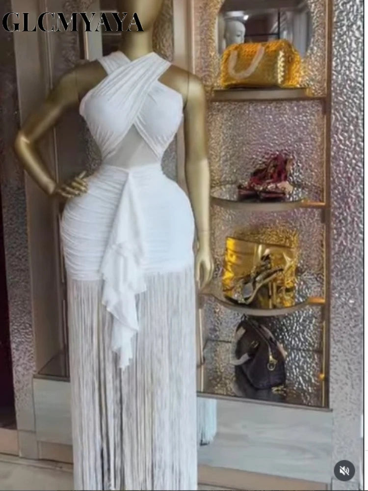 Women Halter Neck Midi Bodycon Dress with Tassels