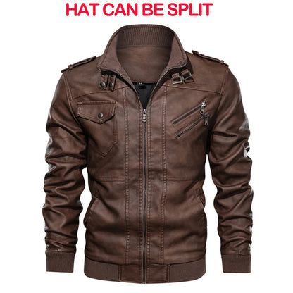 Men's Faux Leather Motorcycle Jacket with Detachable Hood