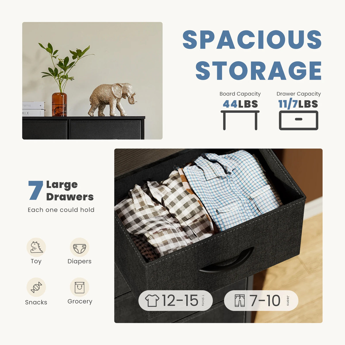 JHK Modern Wooden Dresser with 7 Fabric Drawers