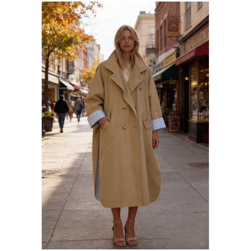 Khaki Long Color-block Stripe Trench Coat for Women