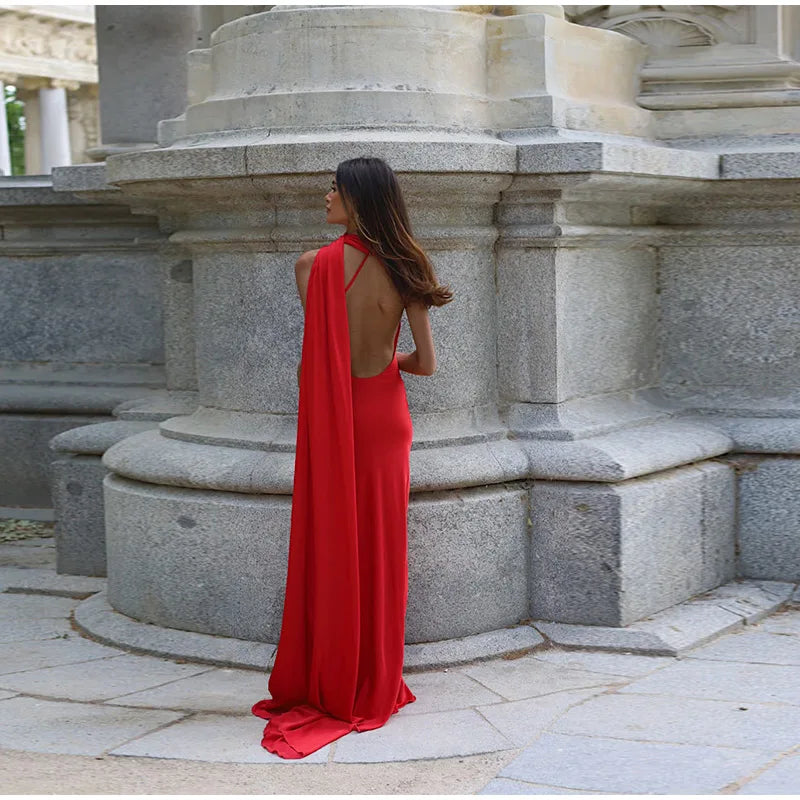 Elegant Halter Dress Women Solid Backless Maxi Dress