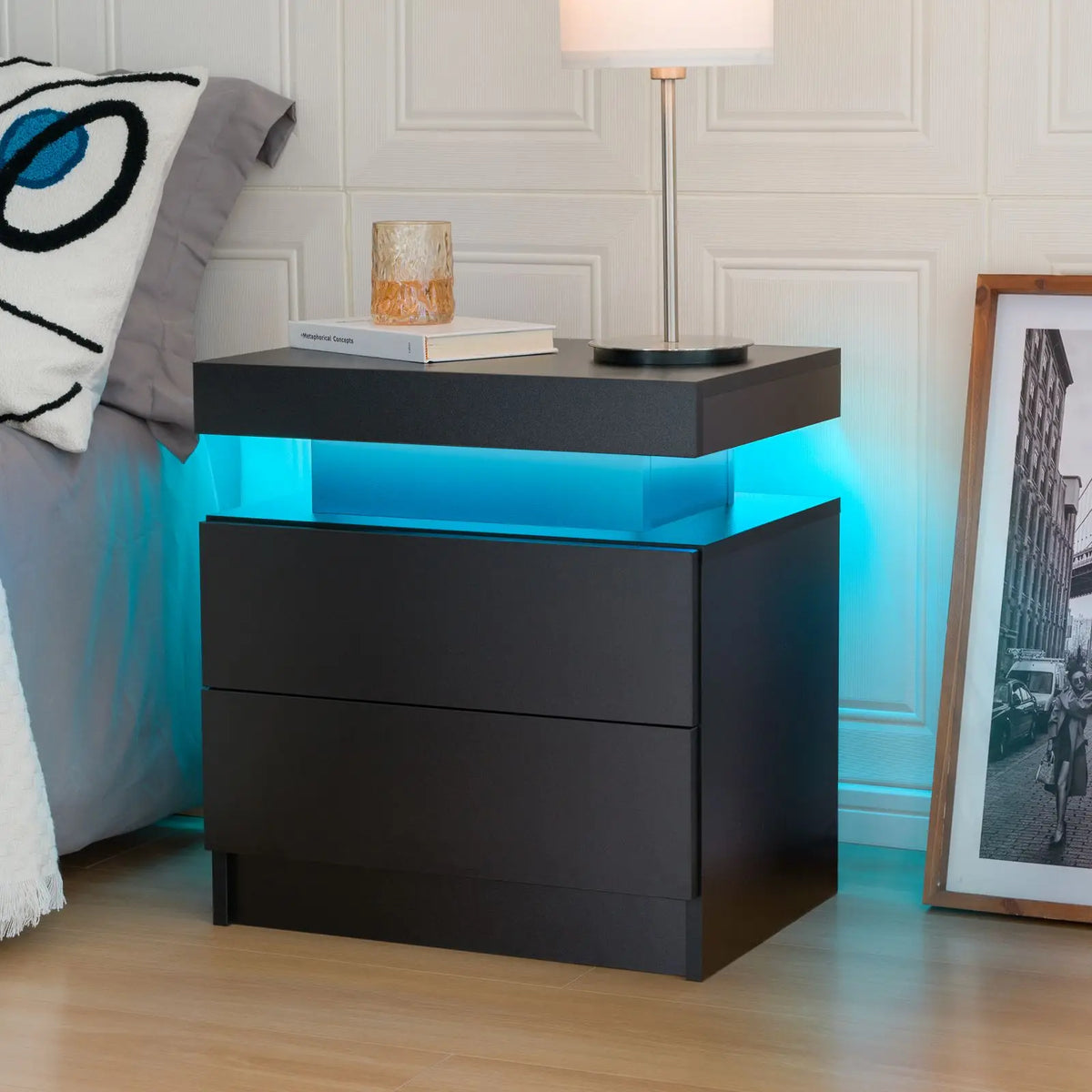 Cubehom White LED Nightstand with 2 Drawers