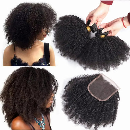 ELISHEVA Indian Human Hair Weave Bundles Kinky Curly Jet Black