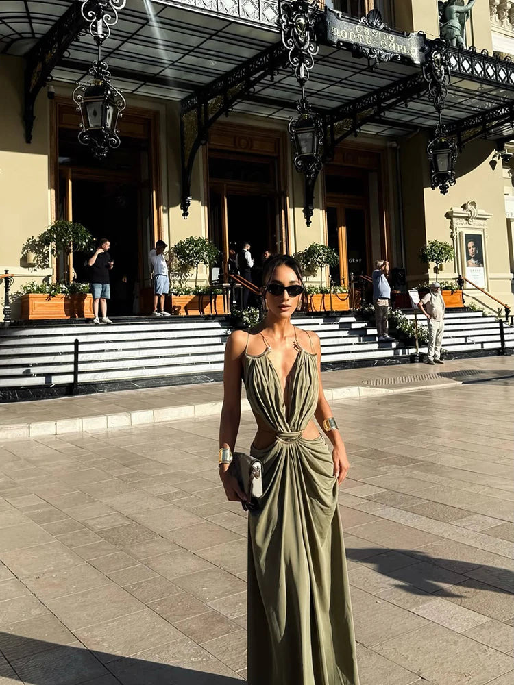 Women's Spaghetti Strap Maxi Dress with Deep V Cutout