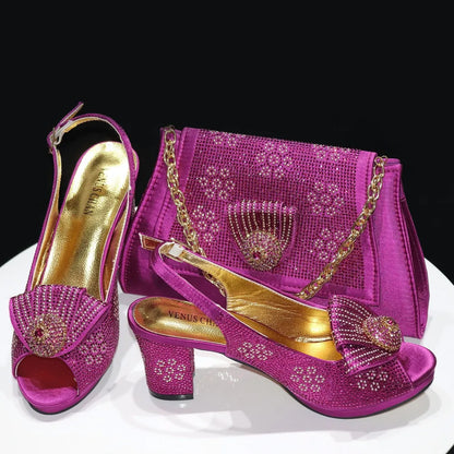 Golden Wedding Shoes And Bag Set With Diamond Decoration