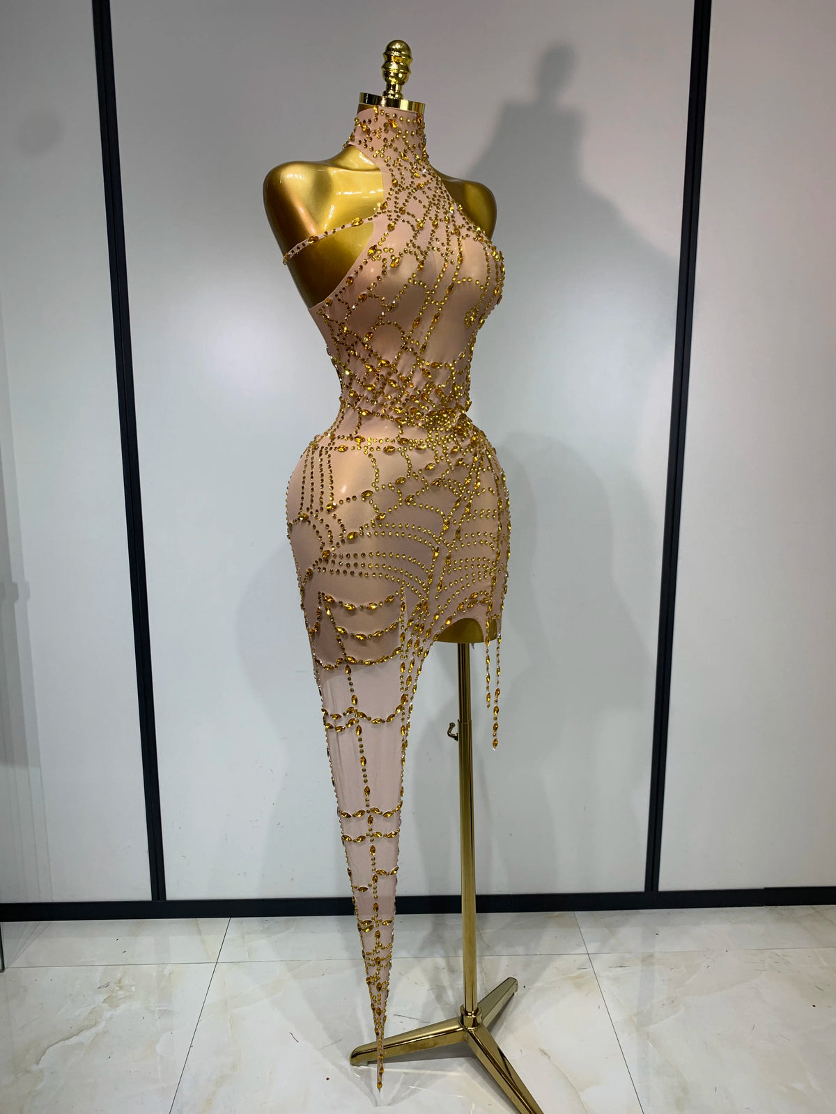 Black Mesh Crystal Diamond Bodycon Dress for Women