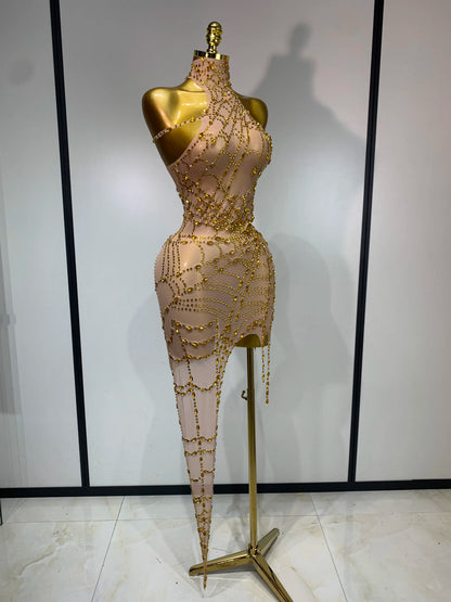 Black Mesh Crystal Diamond Bodycon Dress for Women