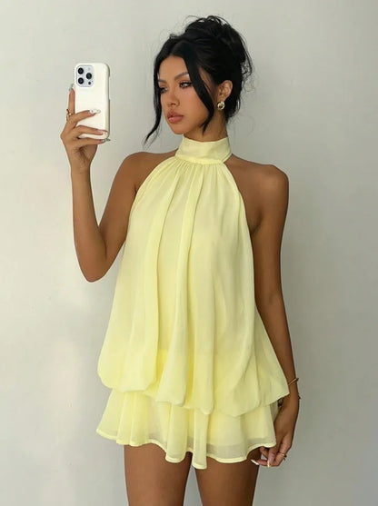 Women's Backless Halter Tie Waist Mini Dress in Polyester