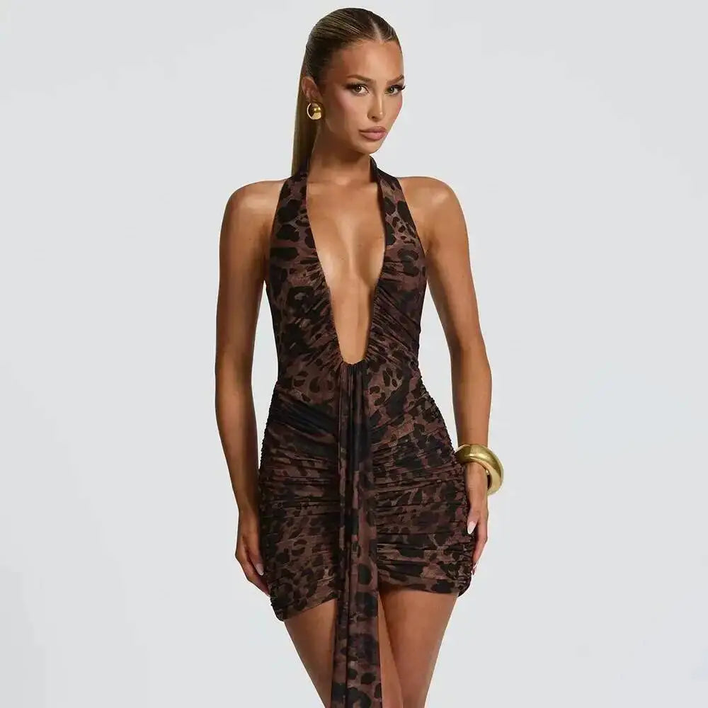 Leopard Print Halter Mini Dress for Women