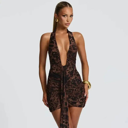 Leopard Print Halter Mini Dress for Women