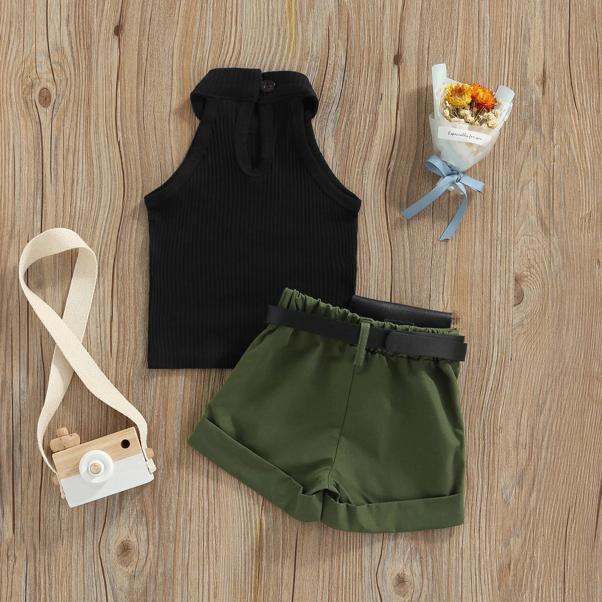 Girls 3PCS Summer Outfit Set with Sleeveless Tops and Shorts
