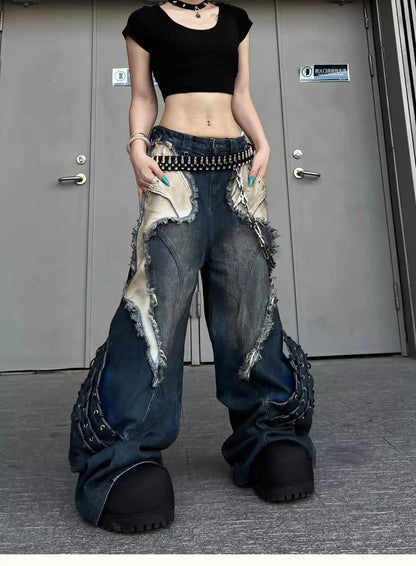 Vintage Distressed Wide Leg Cargo Jeans for Women