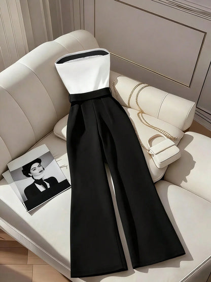 Women's Black White Square Neck Jumpsuit Polyester