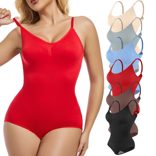 Women Seamless V-Neck Bodysuit Shapewear Red Blue