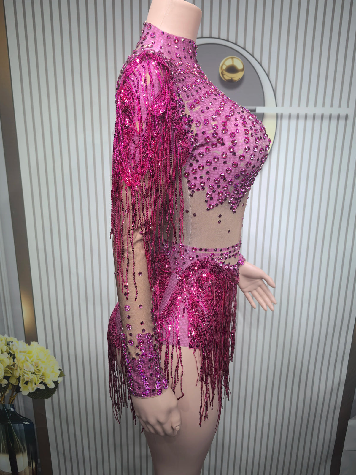 Rhinestone Tassel Elastic Bodysuit for Women