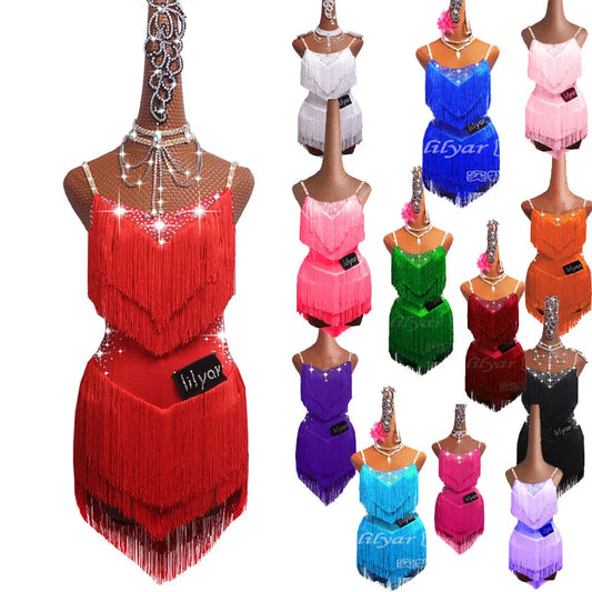 Latin Dance Dress with Rhinestones and Tassels in Red and White