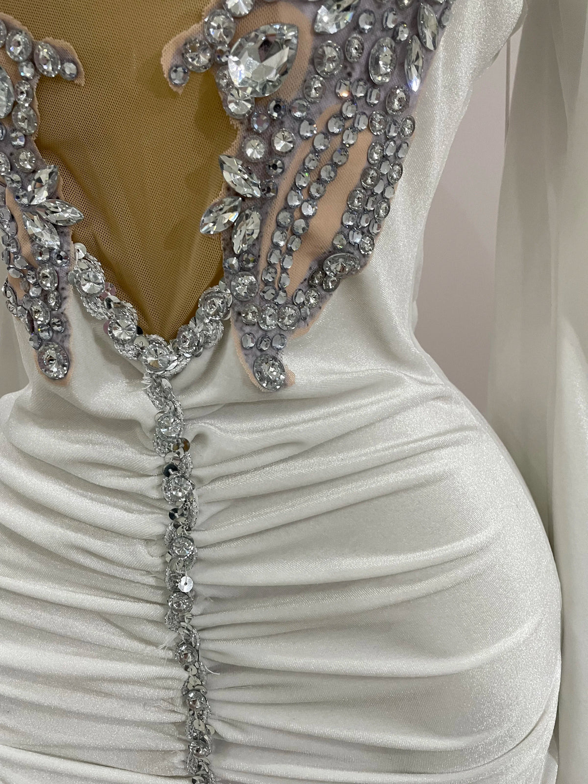 White Velvet Sexy Mesh Short Dress with Crystals