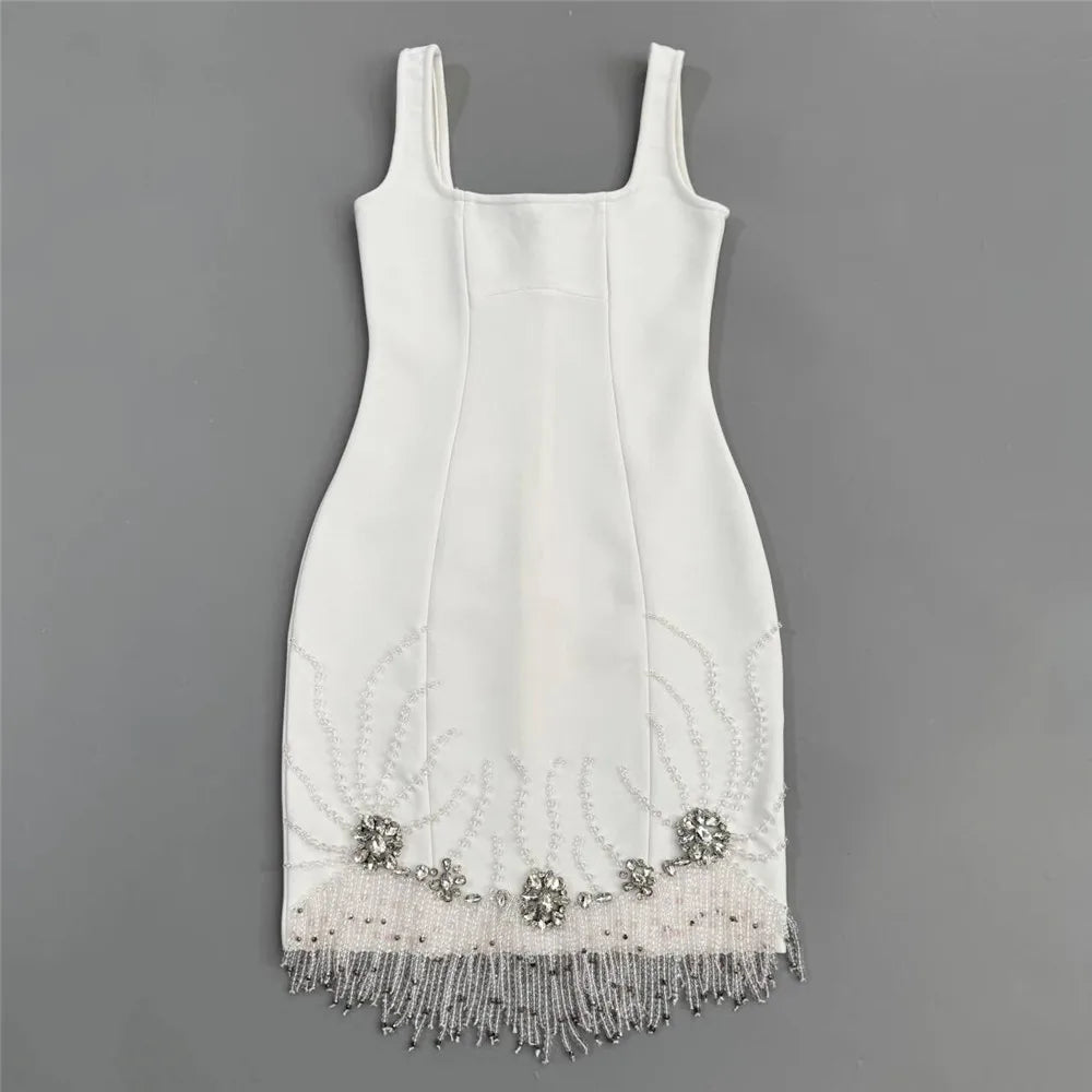Women Sleeveless Bandage Dress with Beading and Tassels