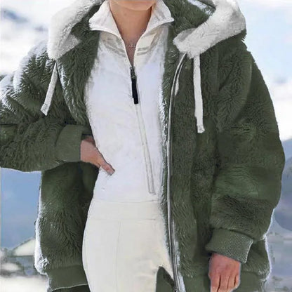 Loose Plush Zipper Hooded Jacket for Women